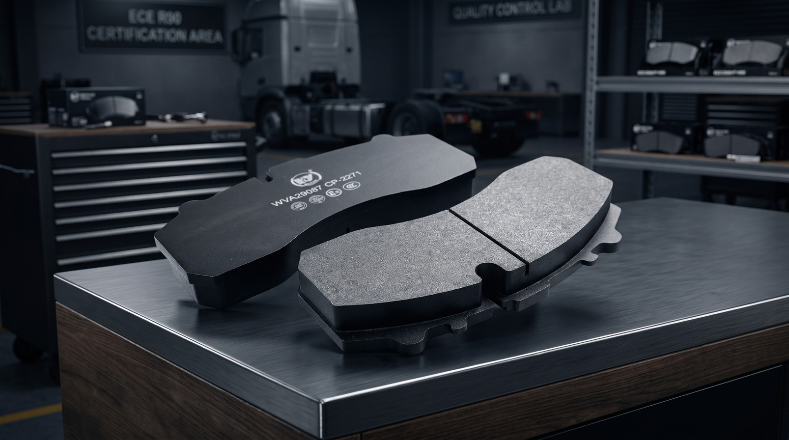 Truck brake pad supplier with ECE R90 certificate inspecting heavy-duty commercial vehicle air disc brake pad