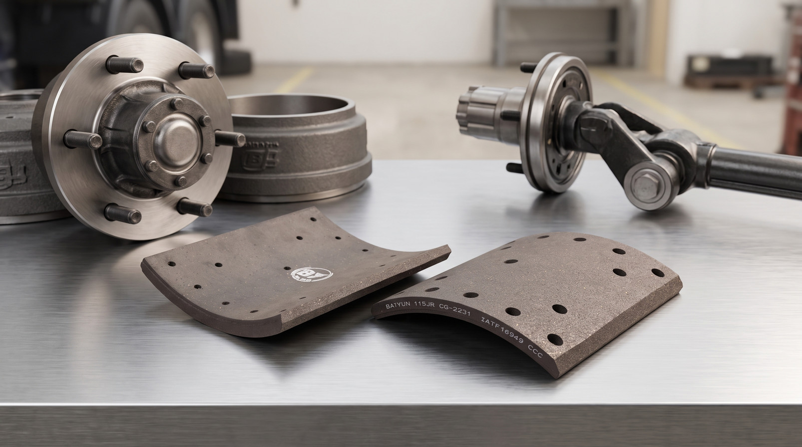 Commercial trailer brake shoe supplier product on industrial workbench with heavy-duty trailer axle hub