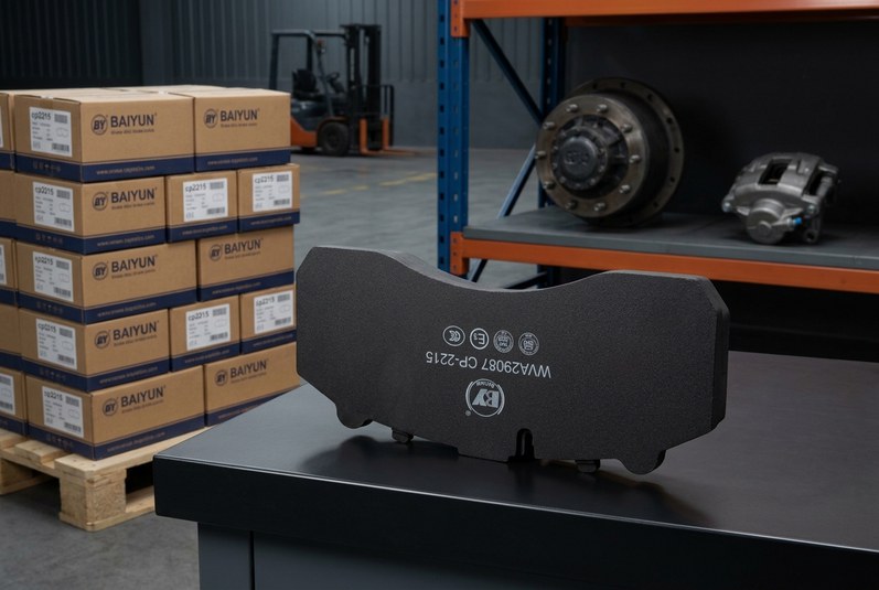 BAIYUN cp2215 commercial vehicle brake pad boxes on export pallet with trailer hub and caliper in background