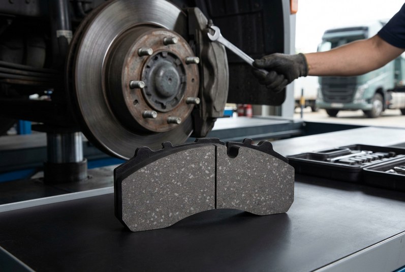 Commercial vehicle brake pad cp2271 installed in heavy-duty caliper for fleet brake maintenance