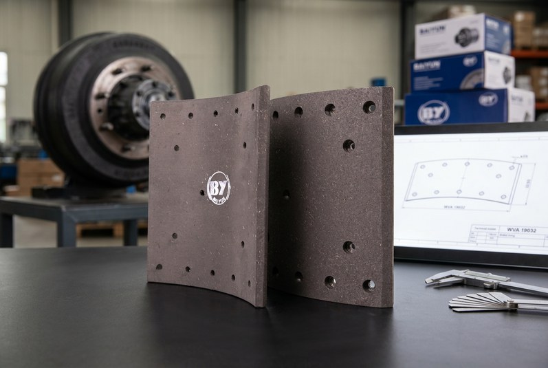 WVA 19032 brake lining dimension inspection with digital caliper showing 180 mm width and R205 radius gauge