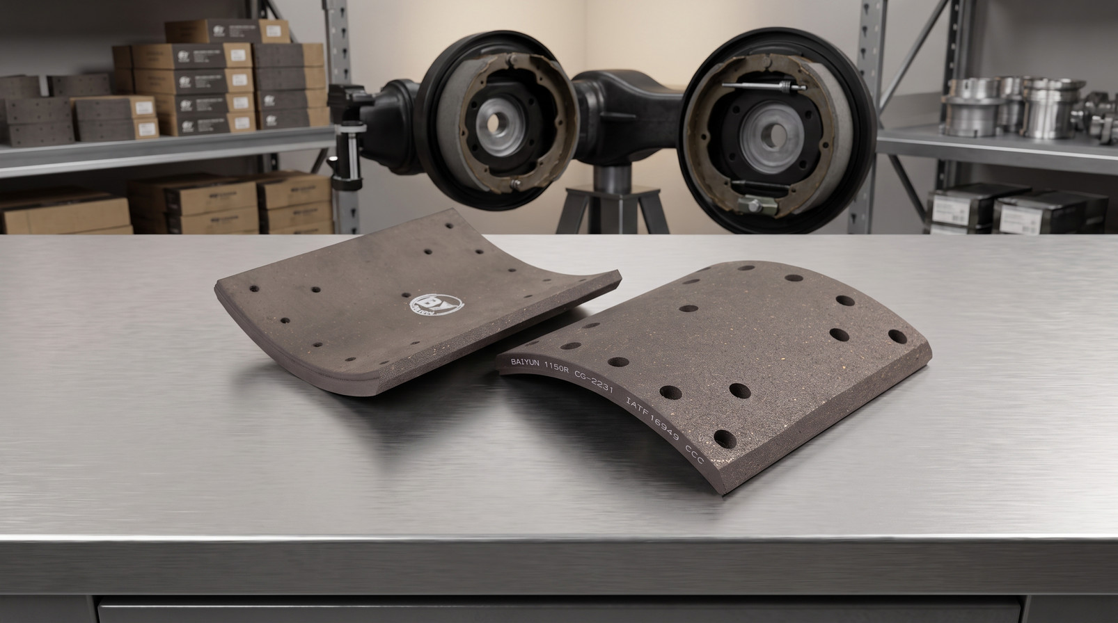 WVA 19094 brake lining supplier product on workbench with commercial truck drum brake assembly