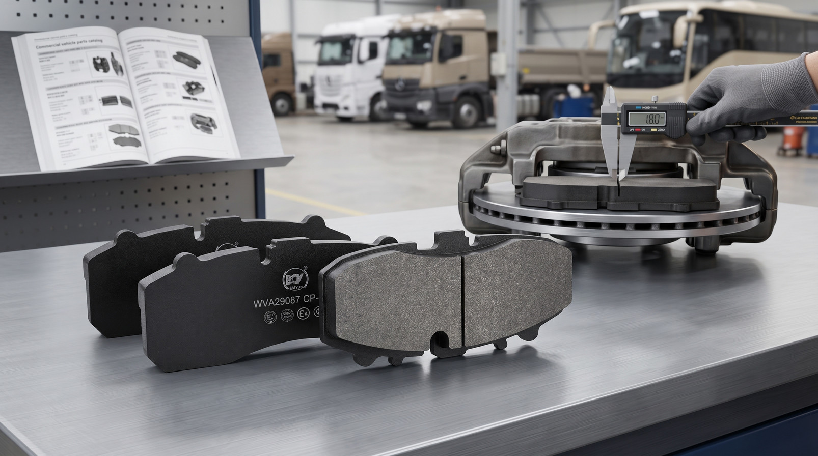 Yutong disc brake pad fitment verification - commercial vehicle disc brake pad set measured with digital caliper on workshop inspection table