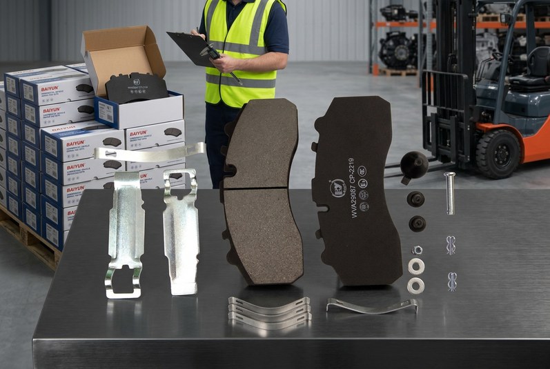 Commercial vehicle brake pad wholesale distribution and private label packaging at a BAIYUN Brake supplier warehouse